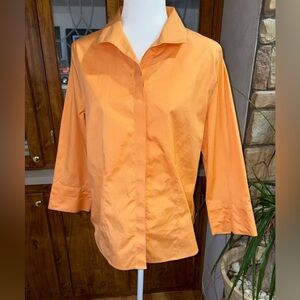 CHICOS SIZE 1 SIZE MEDIUM SIZE 8 ORANGE 3/4 SLEEVE HIDDEN BUTTON TOP